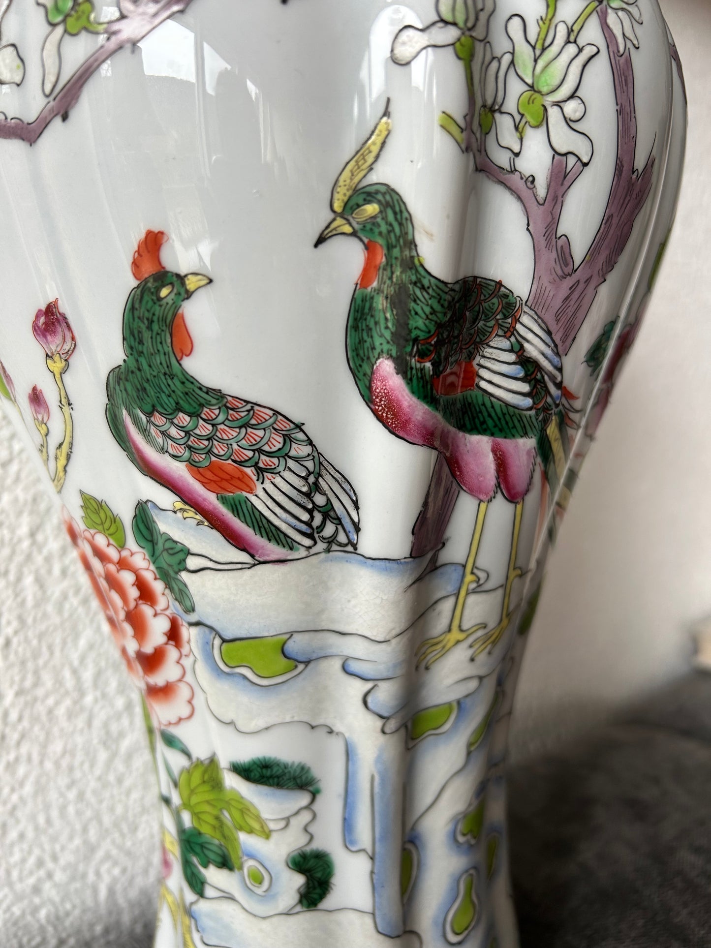 Chinese Famille Rose Porcelain Lidded Vase – Peacock & Prunus Meiping Form