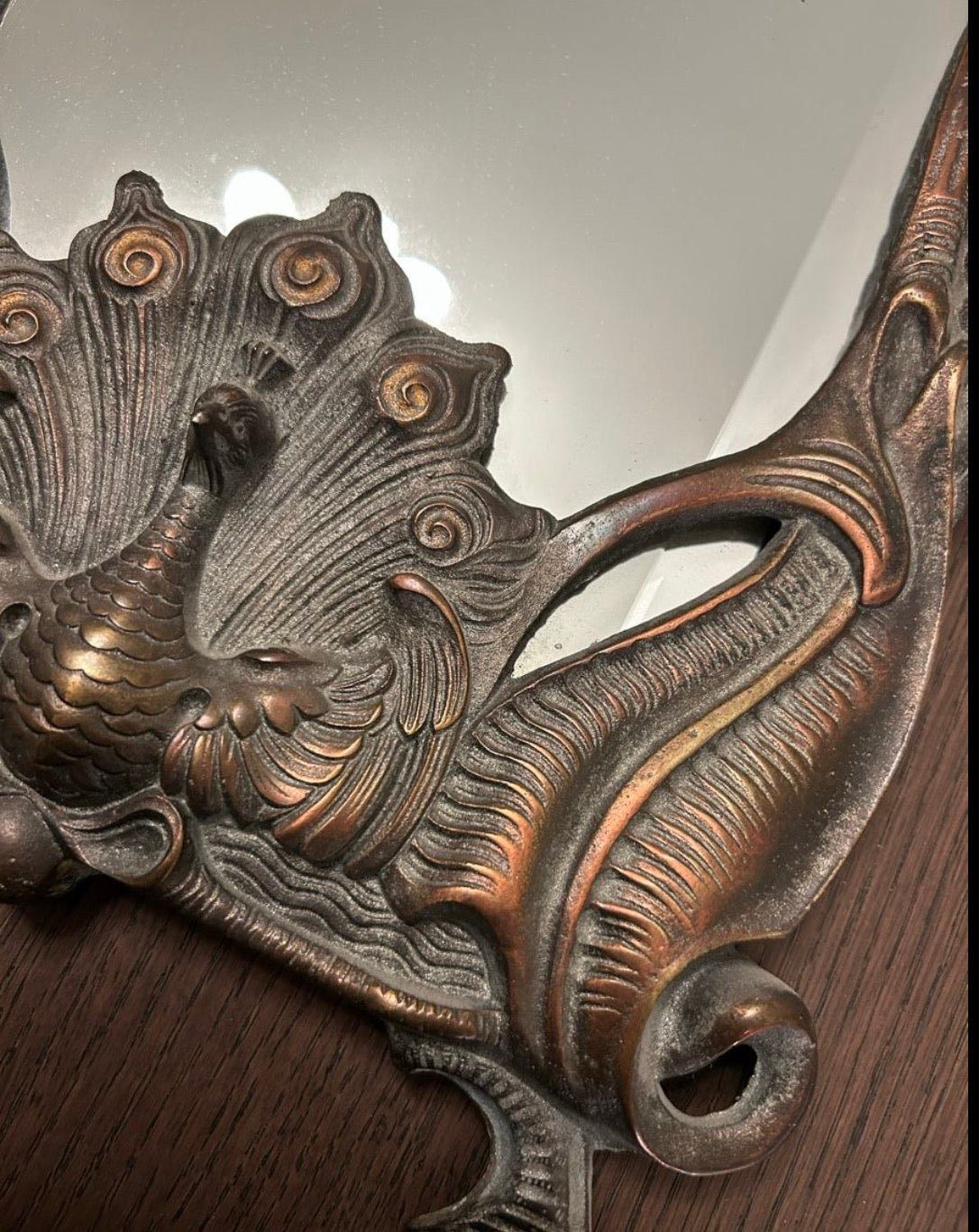 Art Nouveau Brass Wall Mirror with Hook – Repousse Peacock & Foliate Decoration, c.1900
