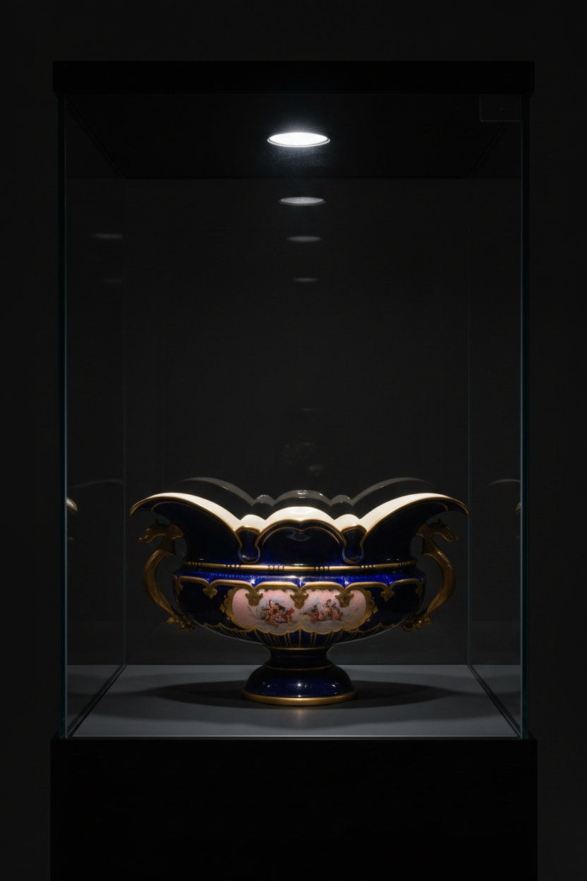 Zsolnay cobalt blue vase in museum vitrine with dramatic spotlighting