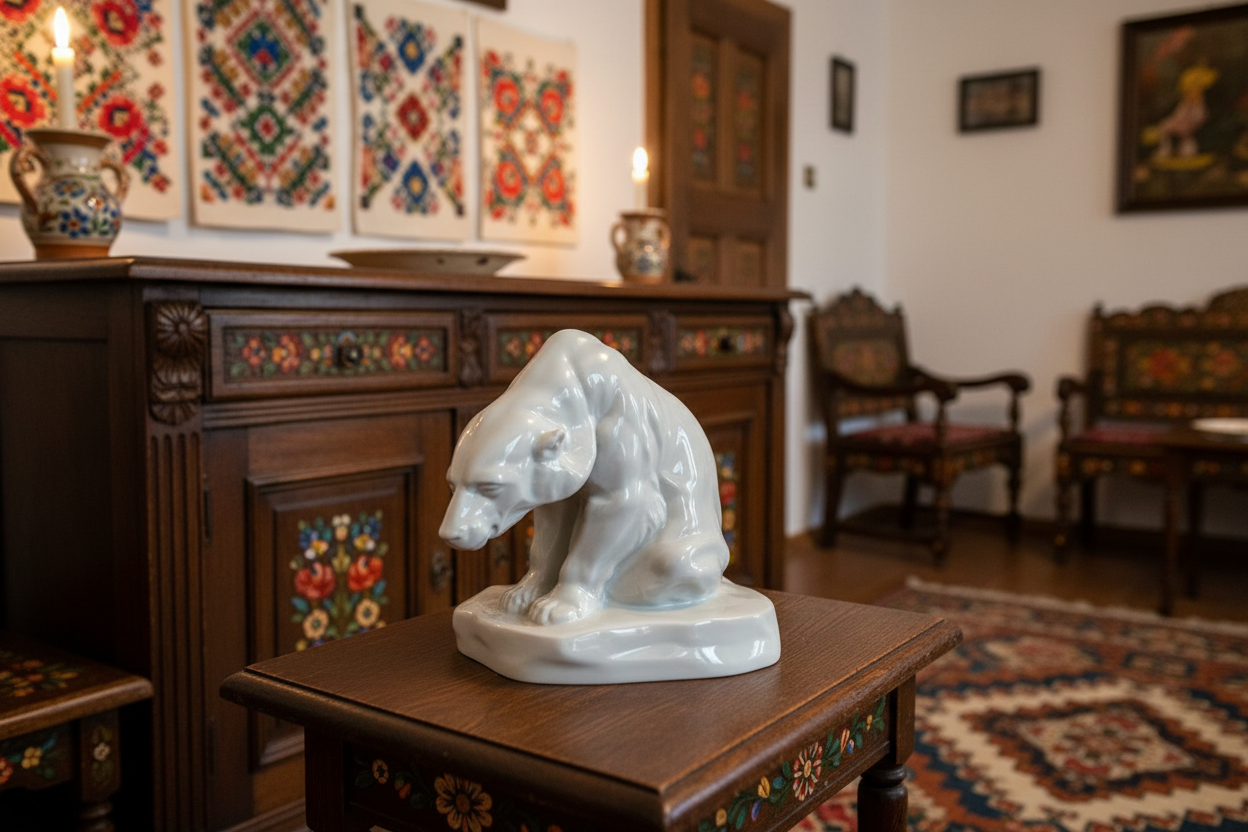 Herend polar bear figurine close-up in traditional Hungarian folk interior with Matyo embroidery