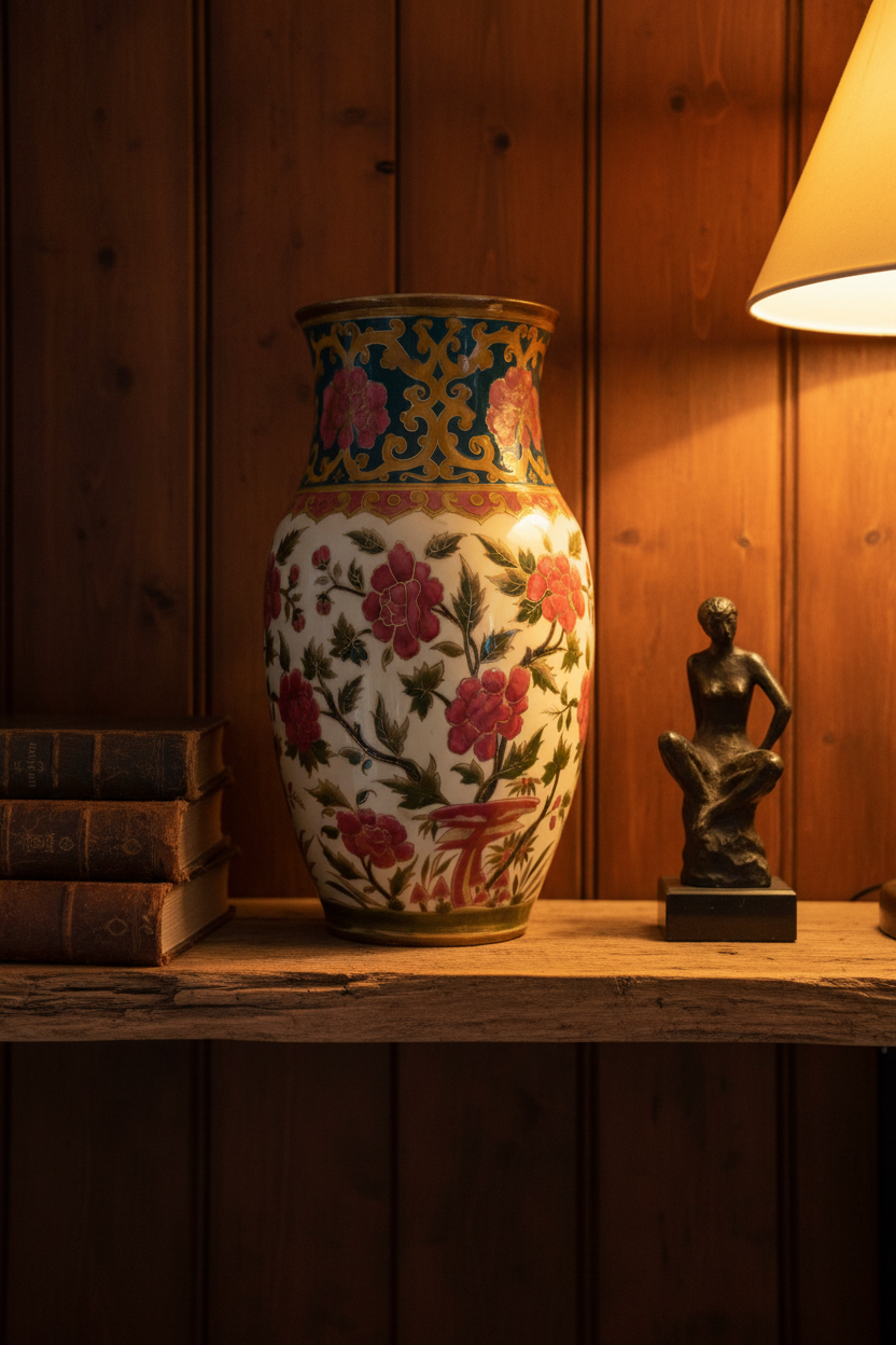 Zsolnay porcelain vase in collector's study with amber lamplight