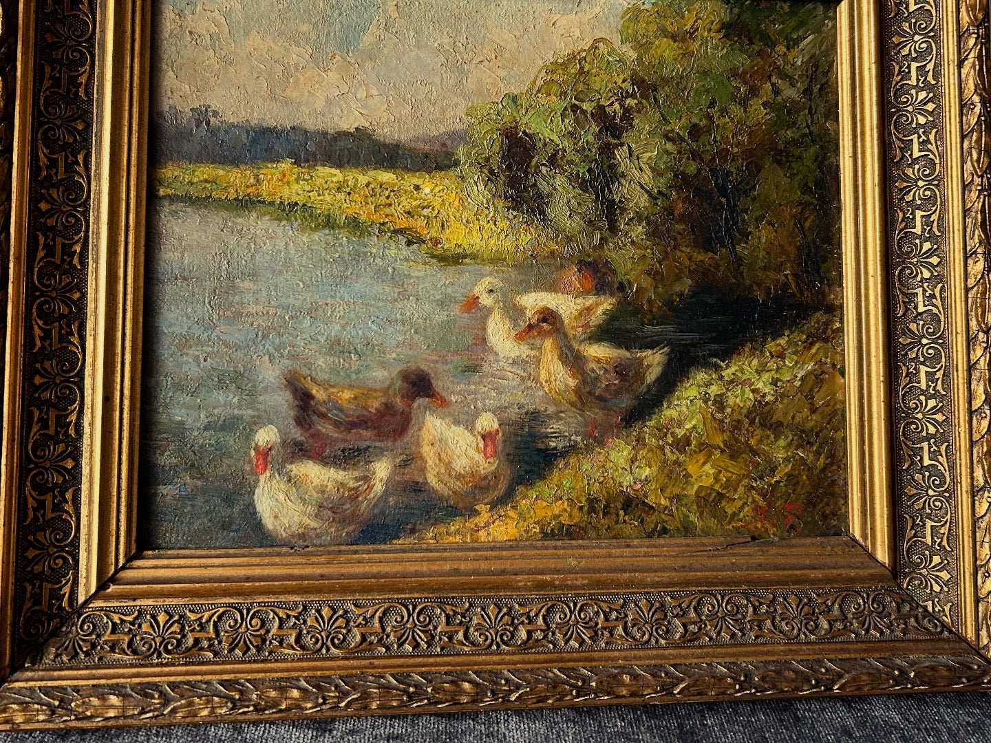 Impressionist Oil Painting – Ducks & Geese by the Riverbank, Ornate Gilt Frame