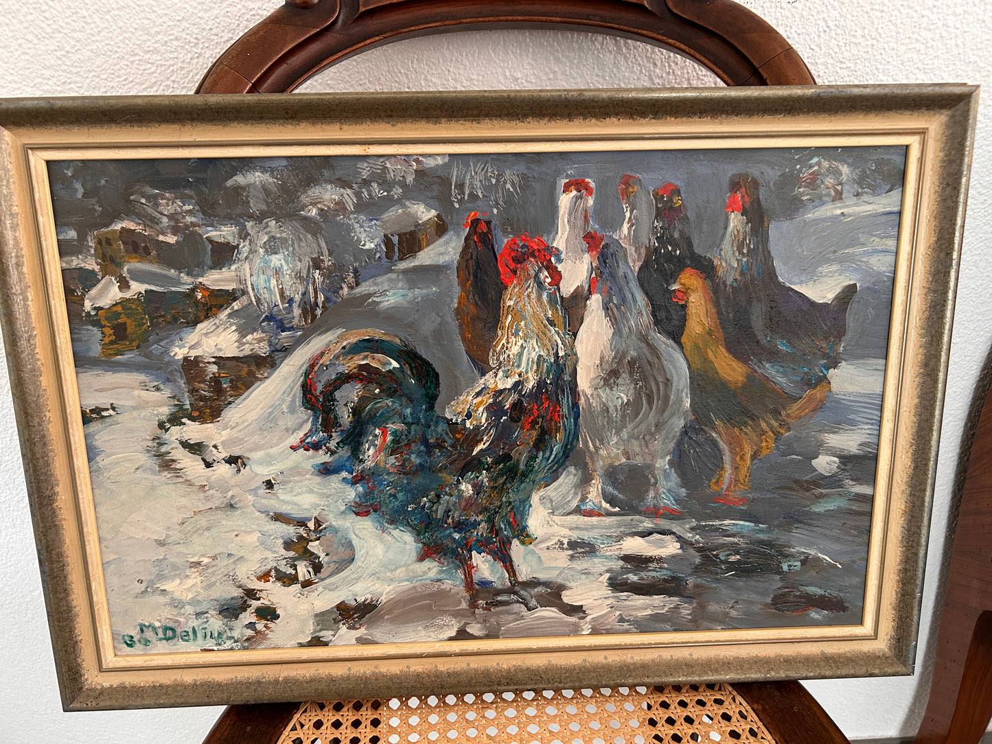 Signed — Rooster and Hens in Snow, Oil on Canvas
