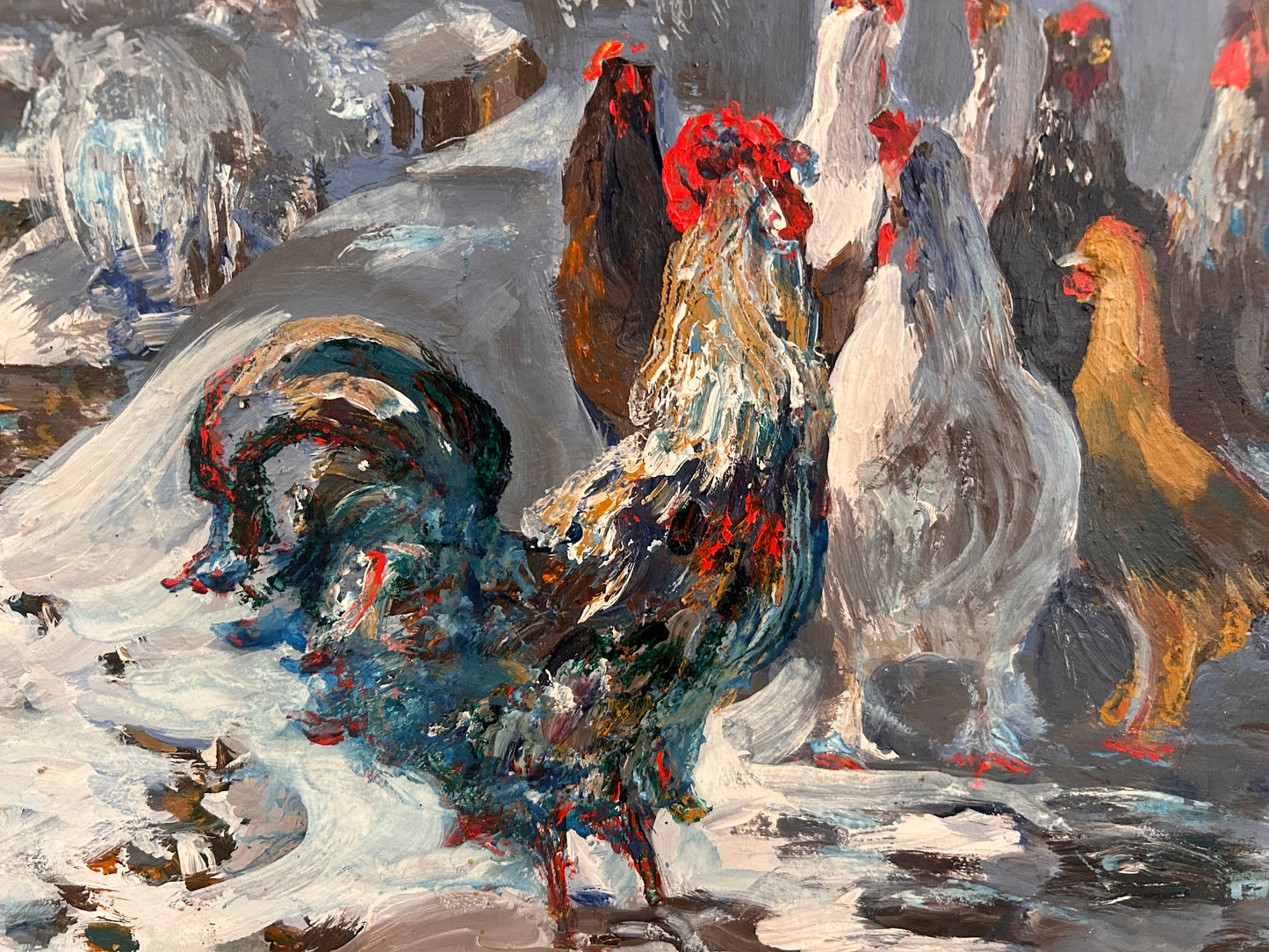 Signed — Rooster and Hens in Snow, Oil on Canvas