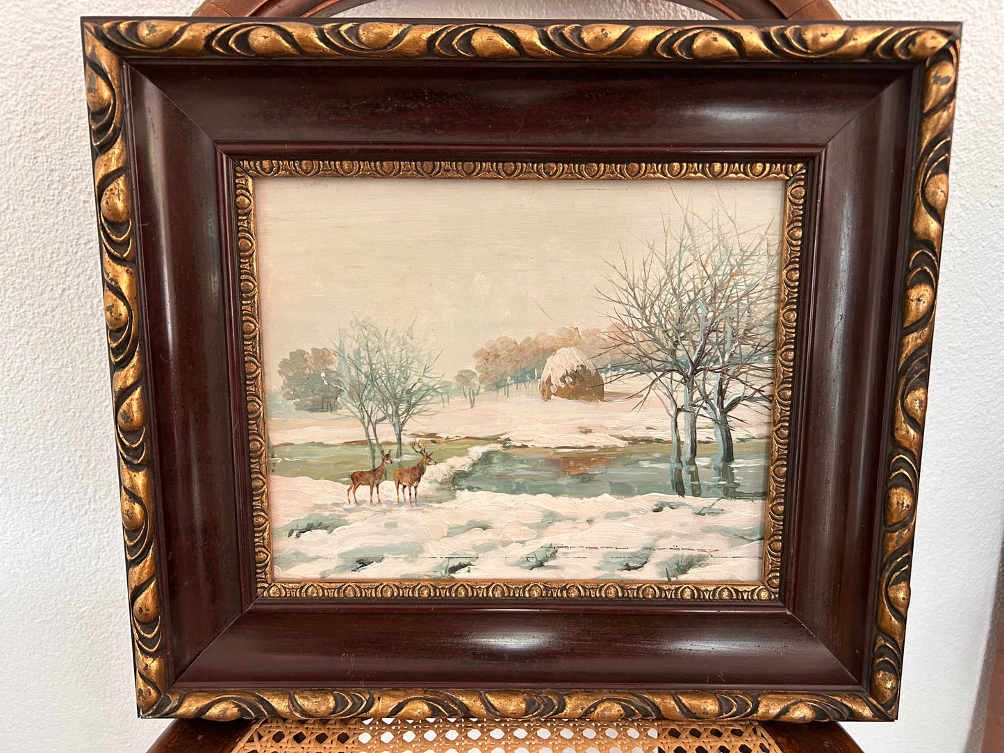 György Németh (1890–1962) — Winter Landscape with Deer, Oil on Board