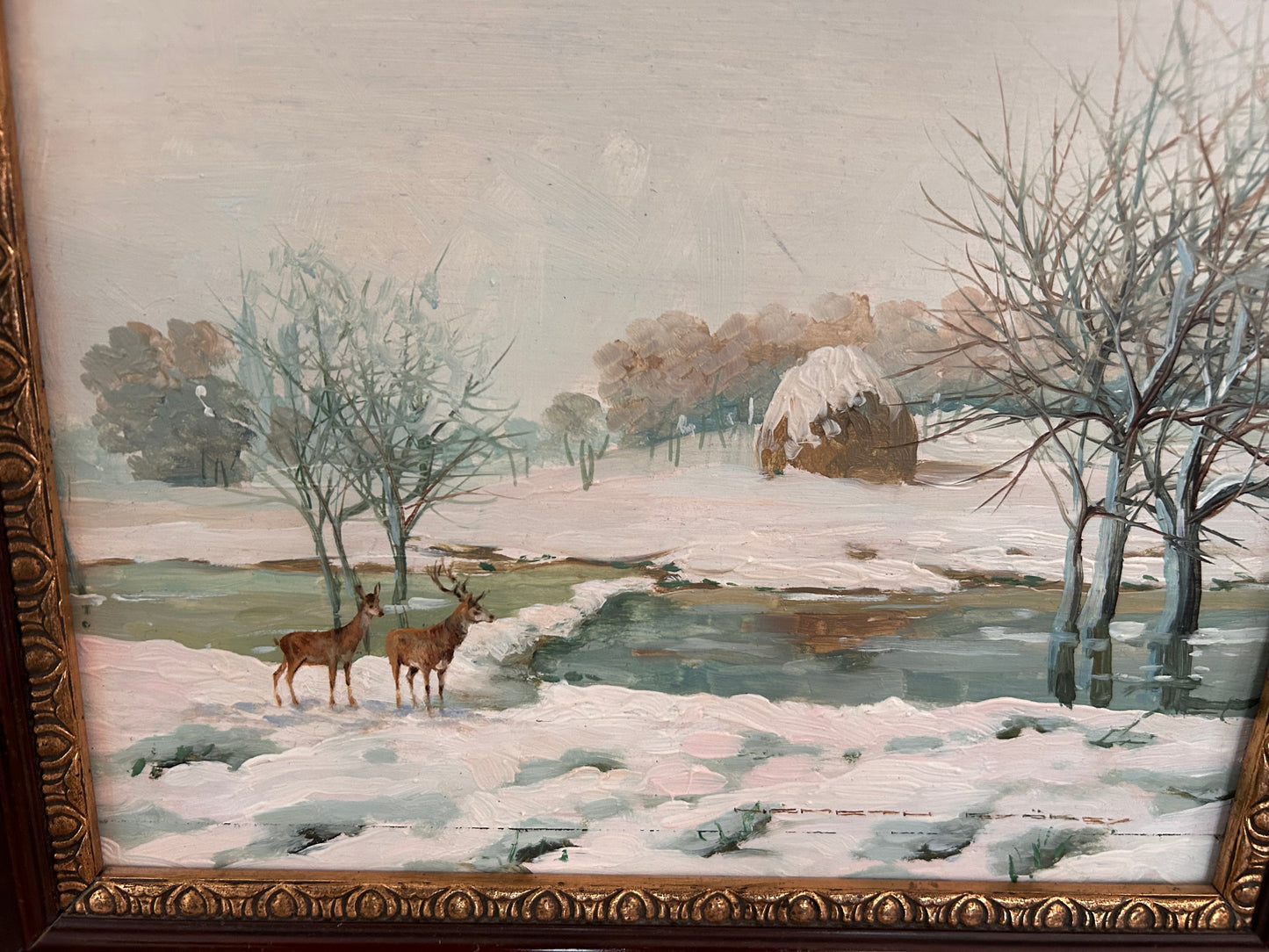 György Németh (1890–1962) — Winter Landscape with Deer, Oil on Board