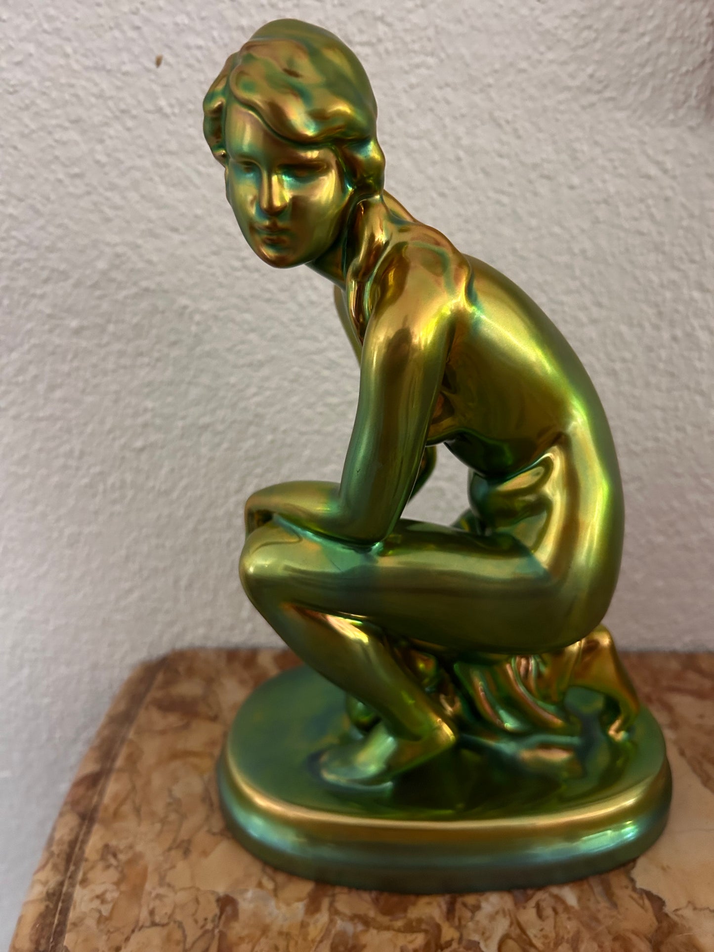 Zsolnay Pécs — Seated Female Nude Figurine, Eosin Glaze, Art Nouveau Style