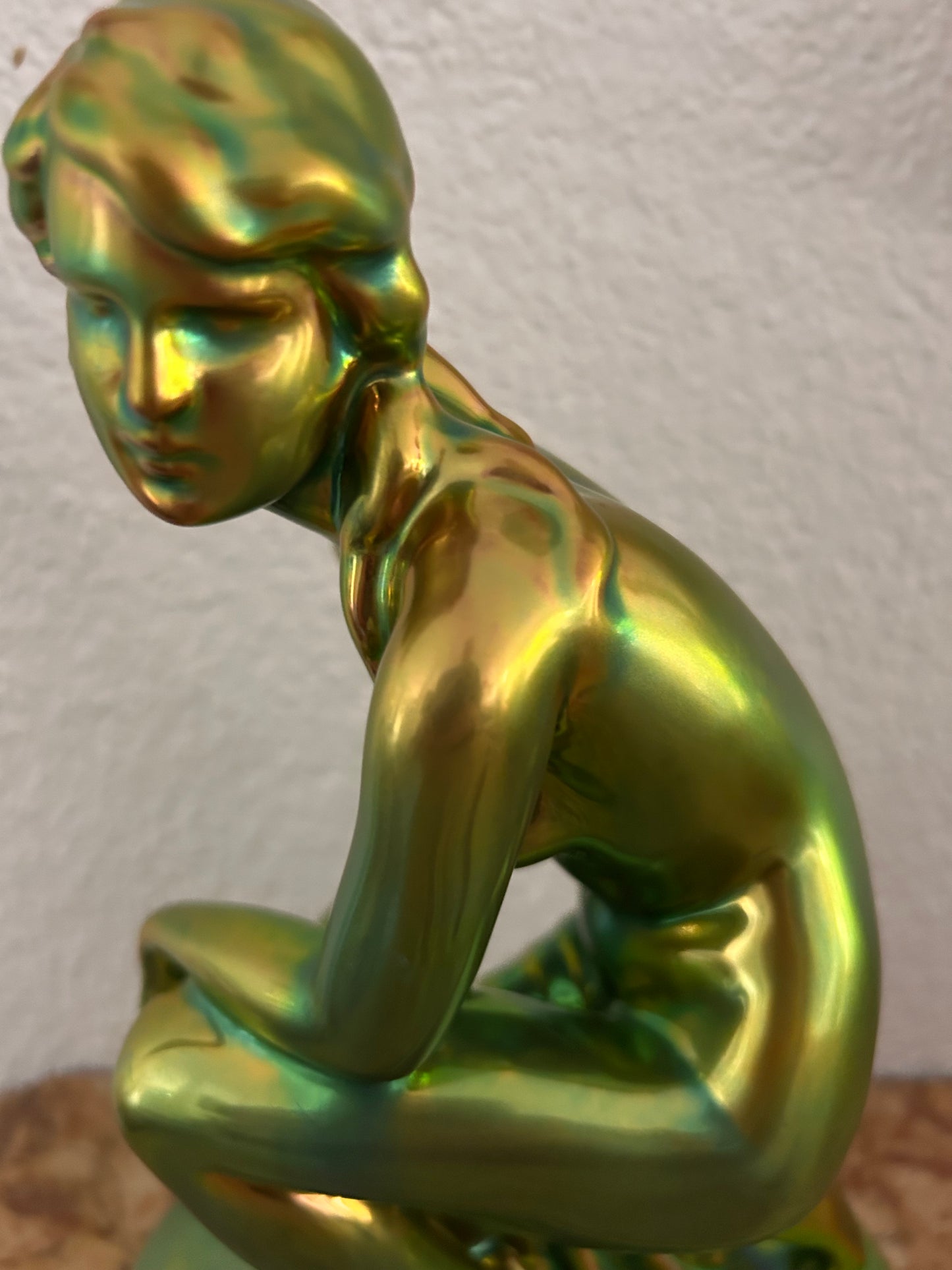 Zsolnay Pécs — Seated Female Nude Figurine, Eosin Glaze, Art Nouveau Style
