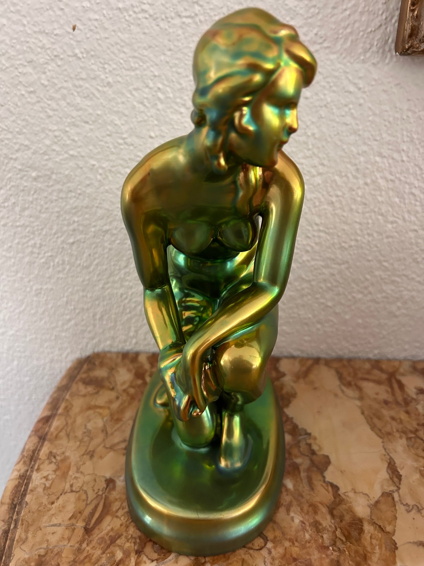 Zsolnay Pécs — Seated Female Nude Figurine, Eosin Glaze, Art Nouveau Style