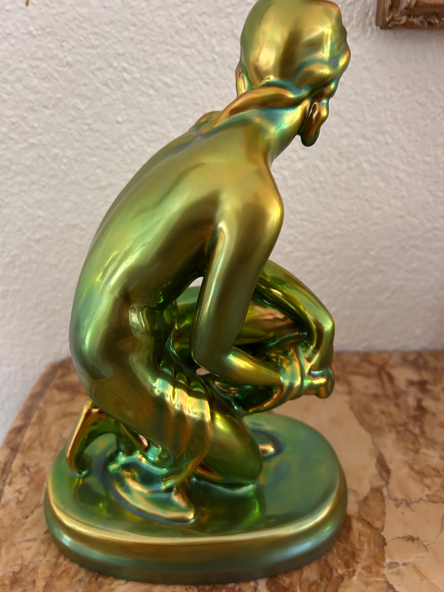 Zsolnay Pécs — Seated Female Nude Figurine, Eosin Glaze, Art Nouveau Style