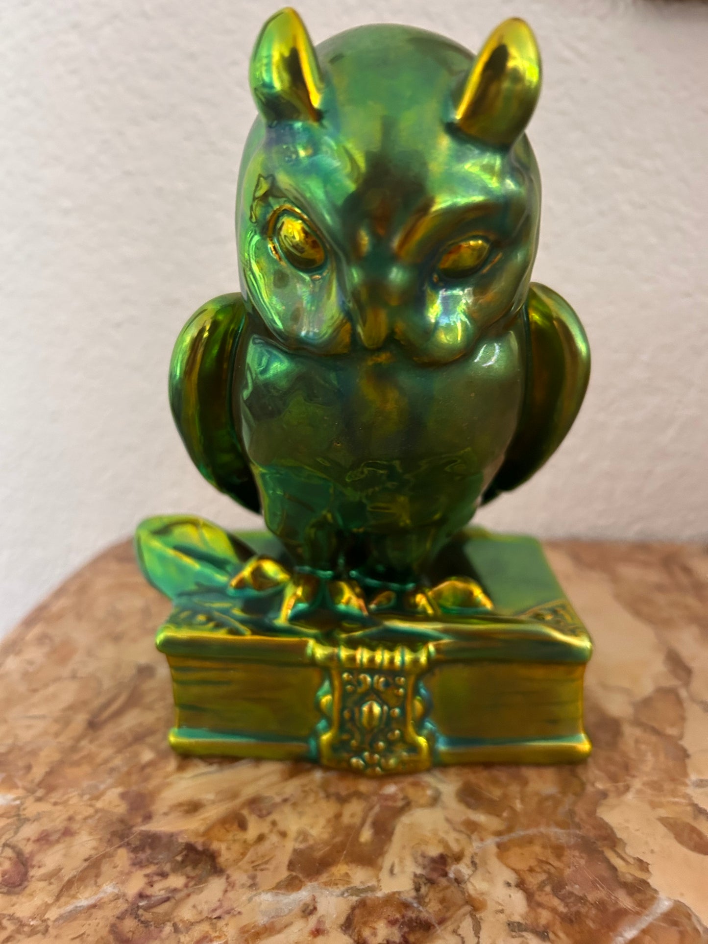Zsolnay Pécs — Owl Figurine, Eosin Glaze, Art Nouveau Style