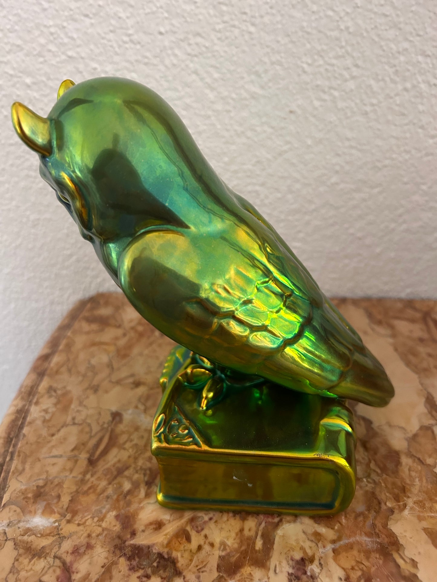 Zsolnay Pécs — Owl Figurine, Eosin Glaze, Art Nouveau Style