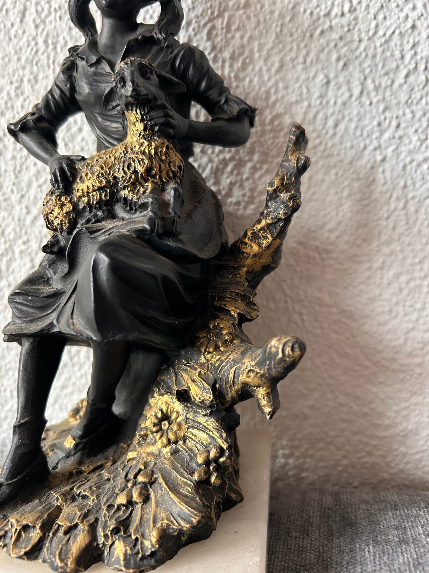 After Louis Kley — Shepherdess with Lamb, Bronzed Resin Figurine on Marble Plinth