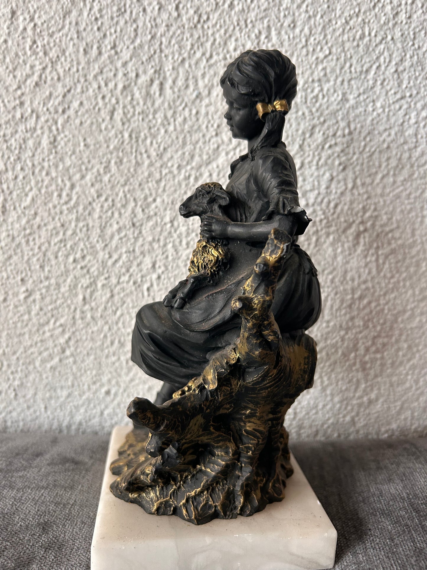 After Louis Kley — Shepherdess with Lamb, Bronzed Resin Figurine on Marble Plinth
