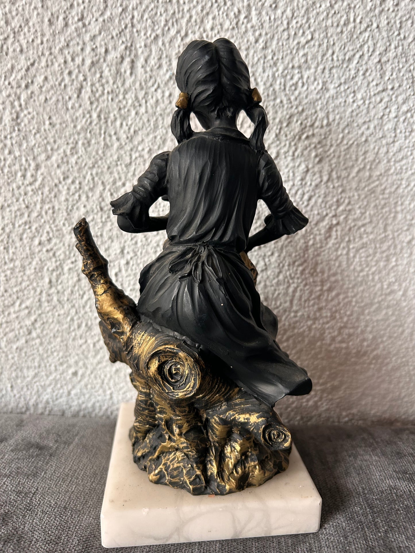 After Louis Kley — Shepherdess with Lamb, Bronzed Resin Figurine on Marble Plinth