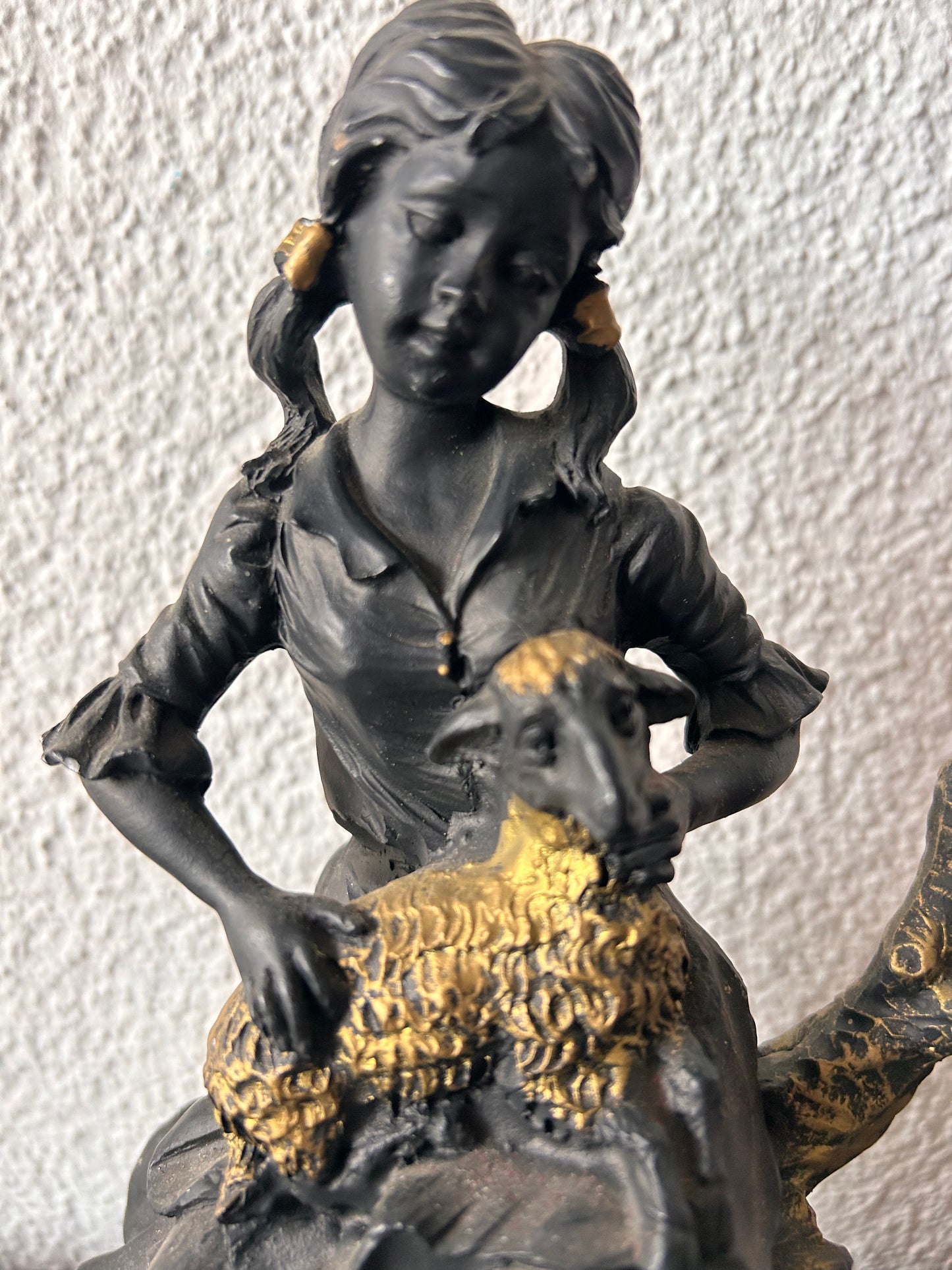 After Louis Kley — Shepherdess with Lamb, Bronzed Resin Figurine on Marble Plinth