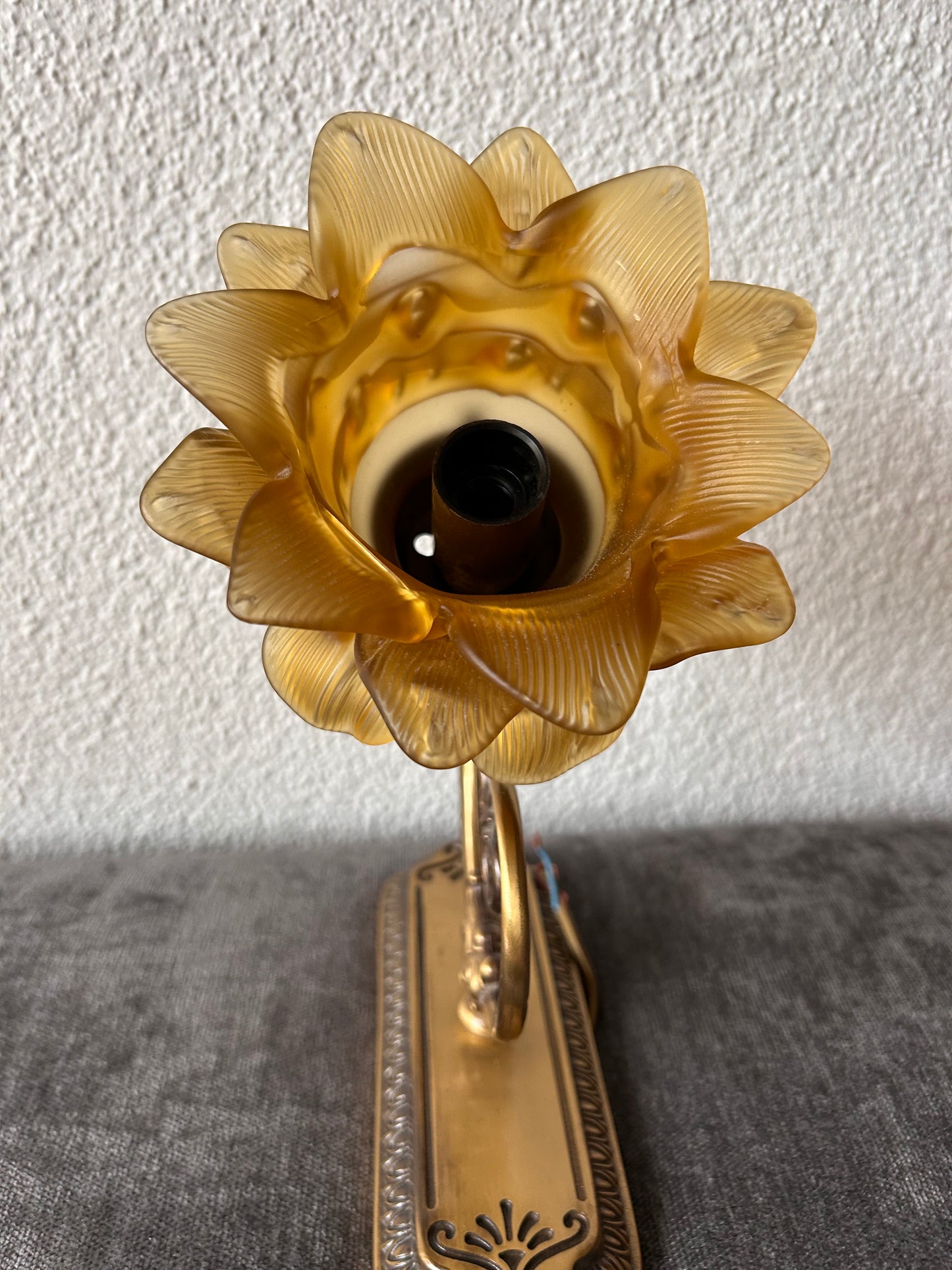 Art Nouveau Brass Wall Sconce — Amber Pressed Glass Flower Shade, Scrollwork Arm