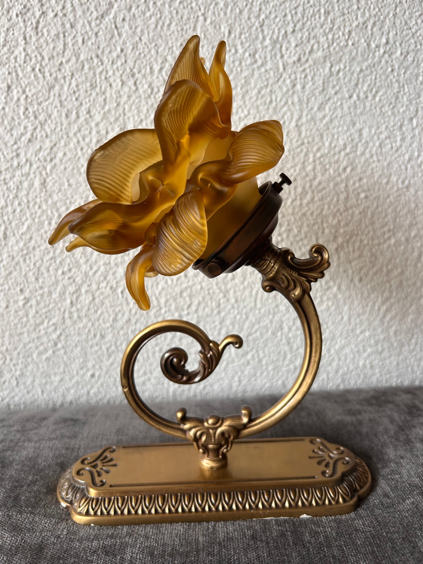 Art Nouveau Brass Wall Sconce — Amber Pressed Glass Flower Shade, Scrollwork Arm