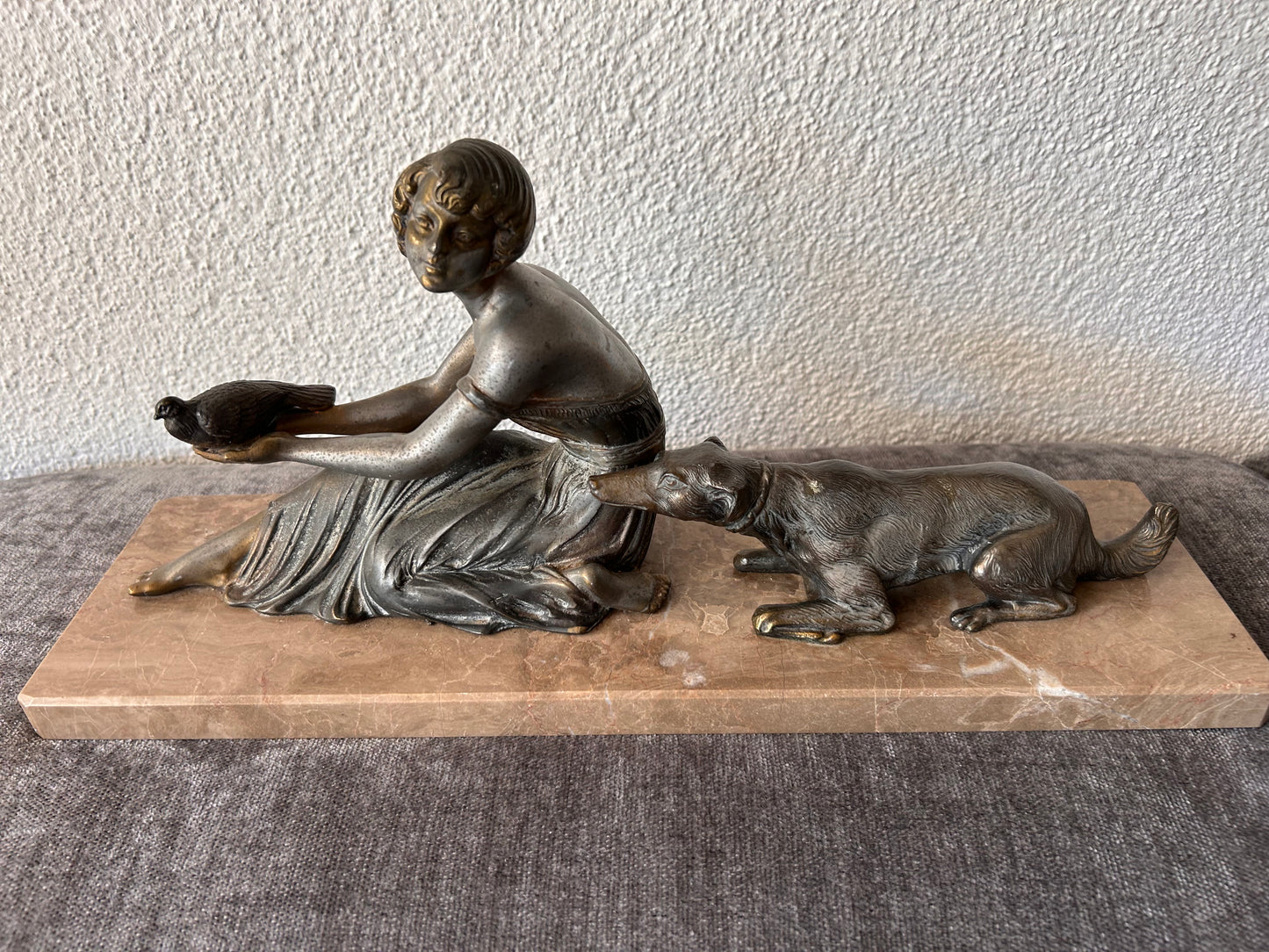 French Art Deco Bronze Sculpture — Seated Woman with Dove and Dog on Marble Base