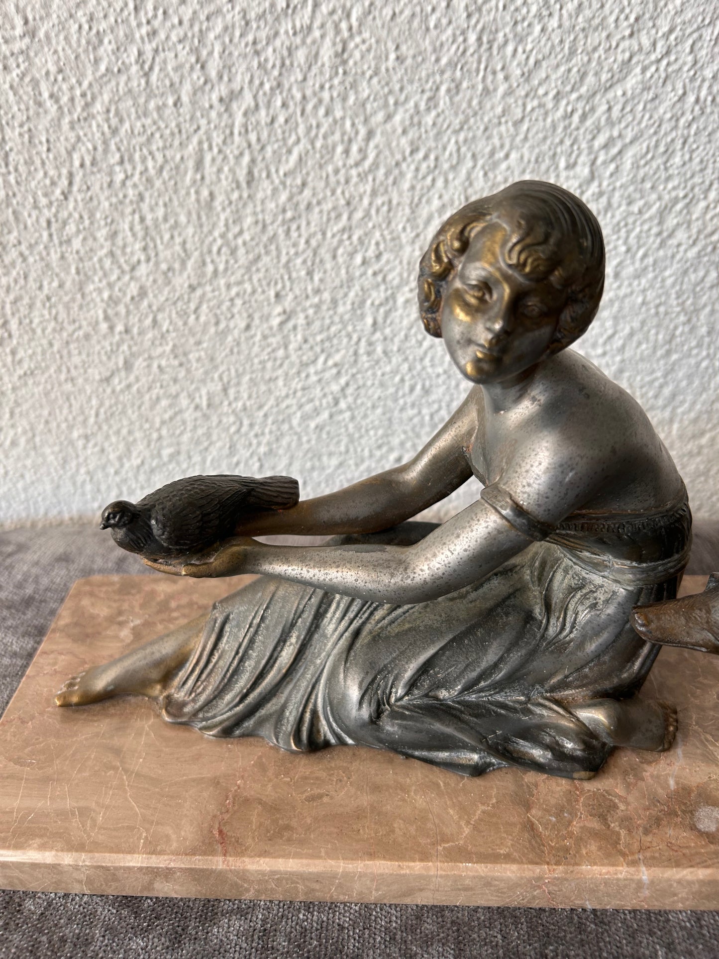 French Art Deco Bronze Sculpture — Seated Woman with Dove and Dog on Marble Base