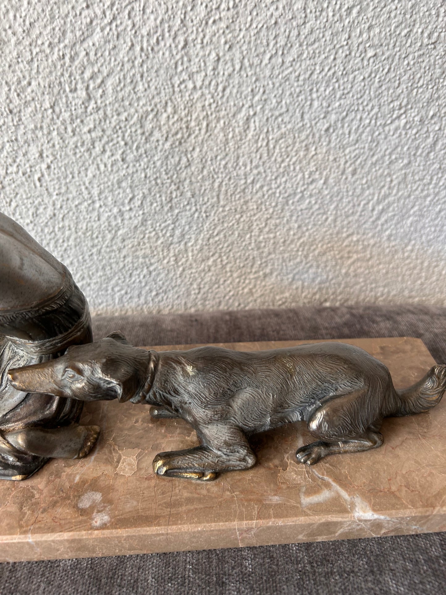 French Art Deco Bronze Sculpture — Seated Woman with Dove and Dog on Marble Base