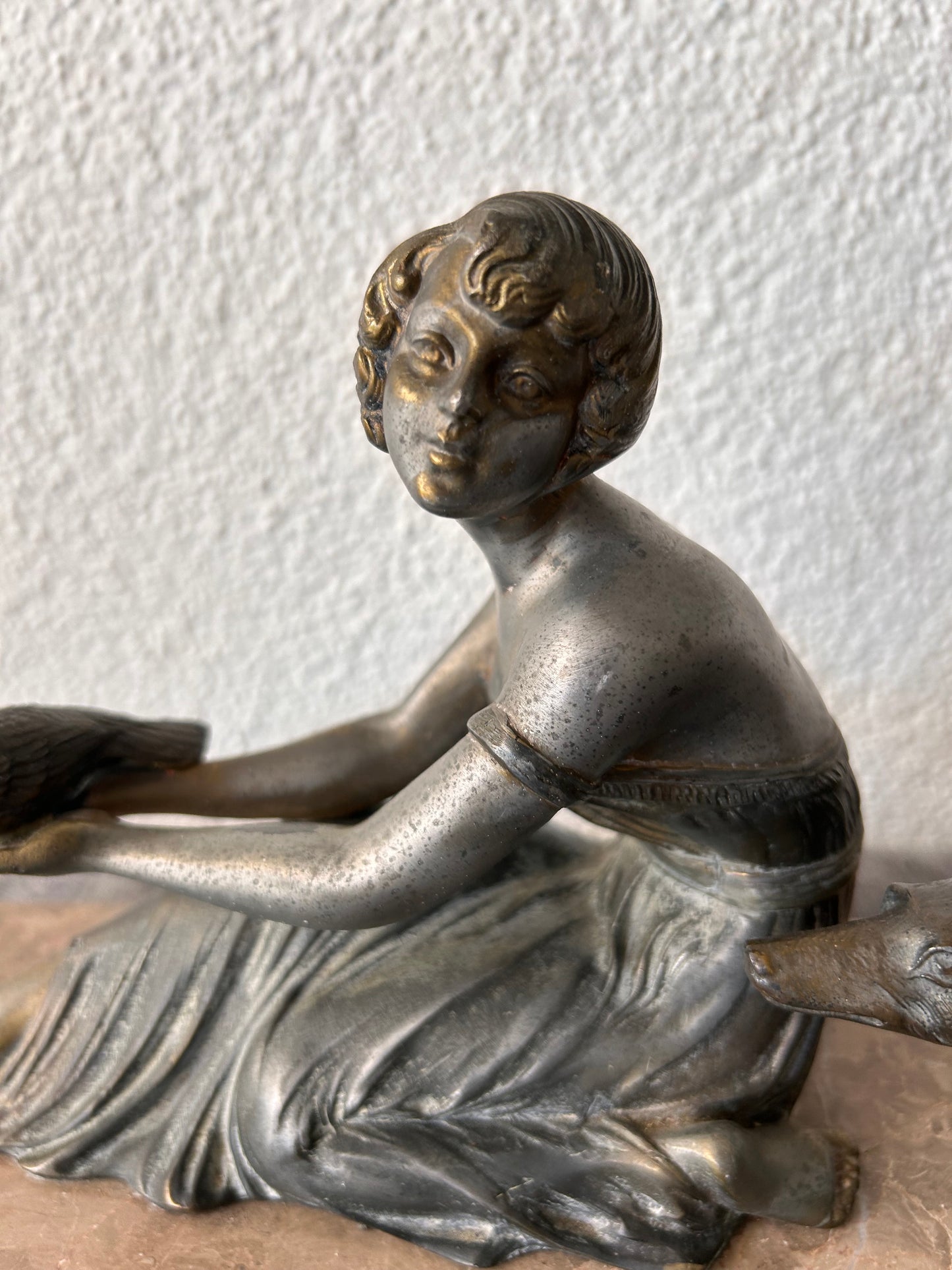 French Art Deco Bronze Sculpture — Seated Woman with Dove and Dog on Marble Base