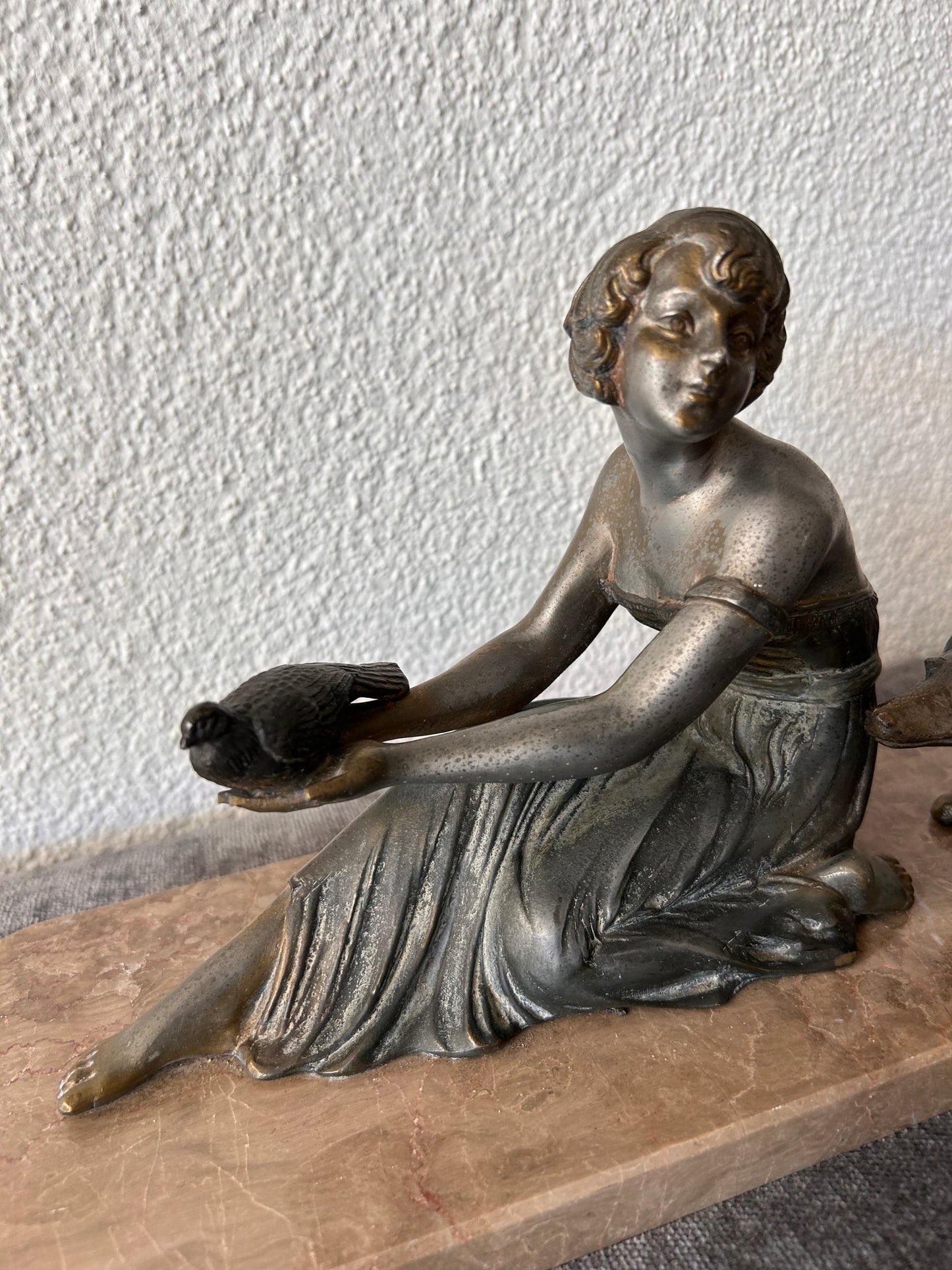 French Art Deco Bronze Sculpture — Seated Woman with Dove and Dog on Marble Base
