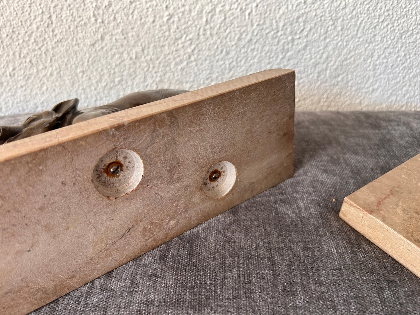 French Art Deco Bronze Elephant Bookends — Matched Pair, Trunks Raised, on Travertine Bases