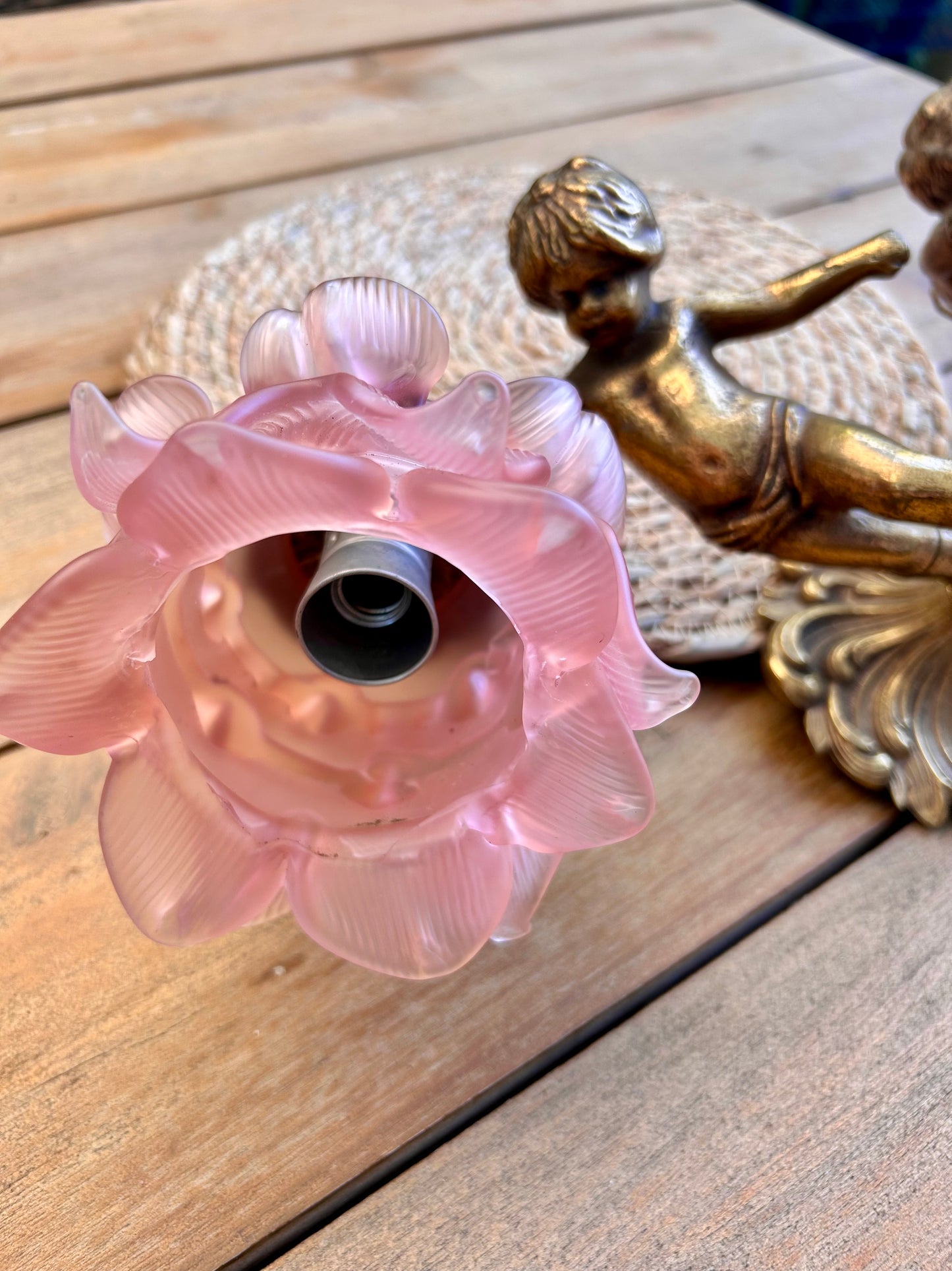 Close-up of pink peony glass shade showing petal detail and light socket