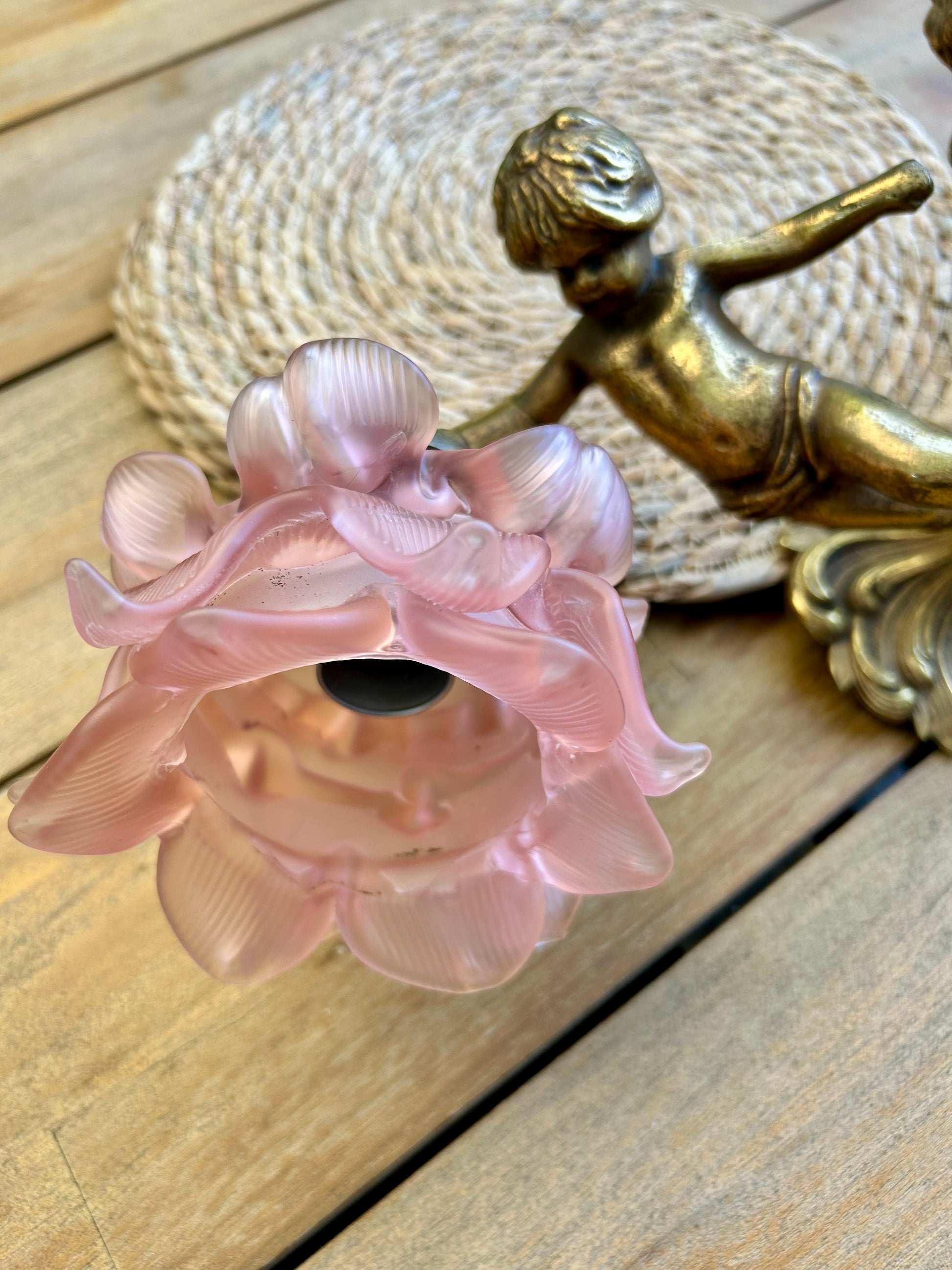 Close-up of pink peony glass shade from above showing layered petal texture