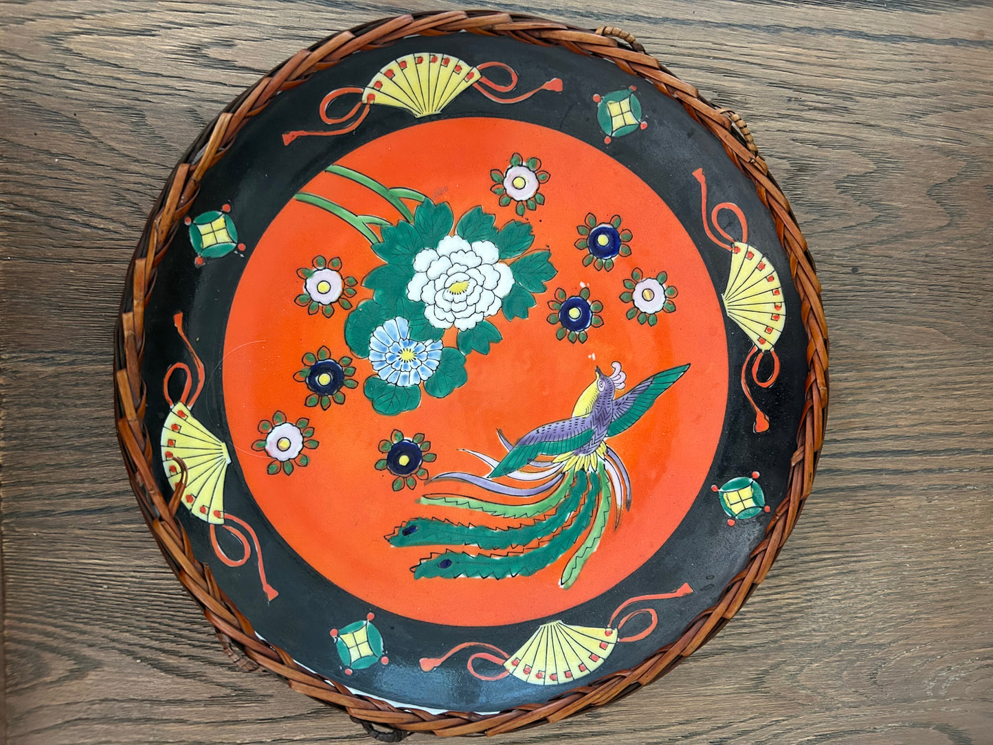 Japanese Export Porcelain Decorative Plate – Hand-Painted Phoenix & Floral, Orange Ground, Mid-20th Century