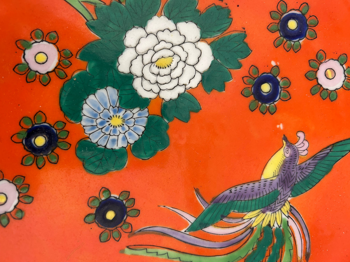 Japanese Export Porcelain Decorative Plate – Hand-Painted Phoenix & Floral, Orange Ground, Mid-20th Century