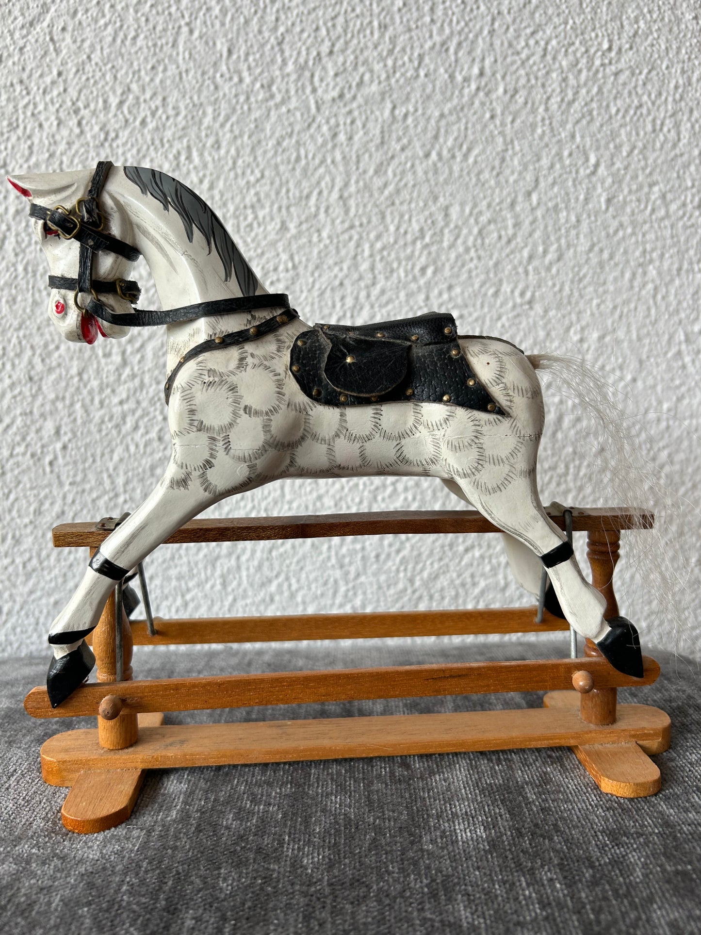 Vintage Miniature Wooden Glider Rocking Horse – White Dappled, Hand-Painted, Netherlands 1980s–90s