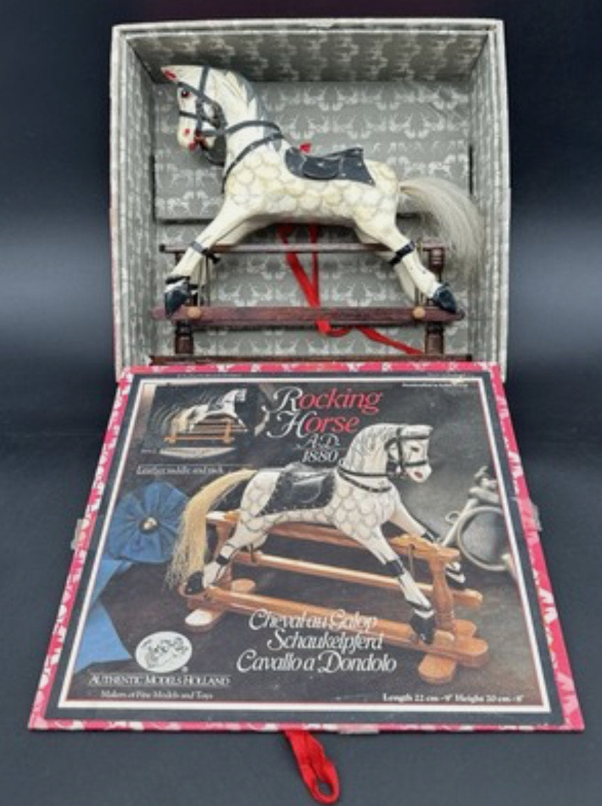 Vintage Miniature Wooden Glider Rocking Horse – White Dappled, Hand-Painted, Netherlands 1980s–90s