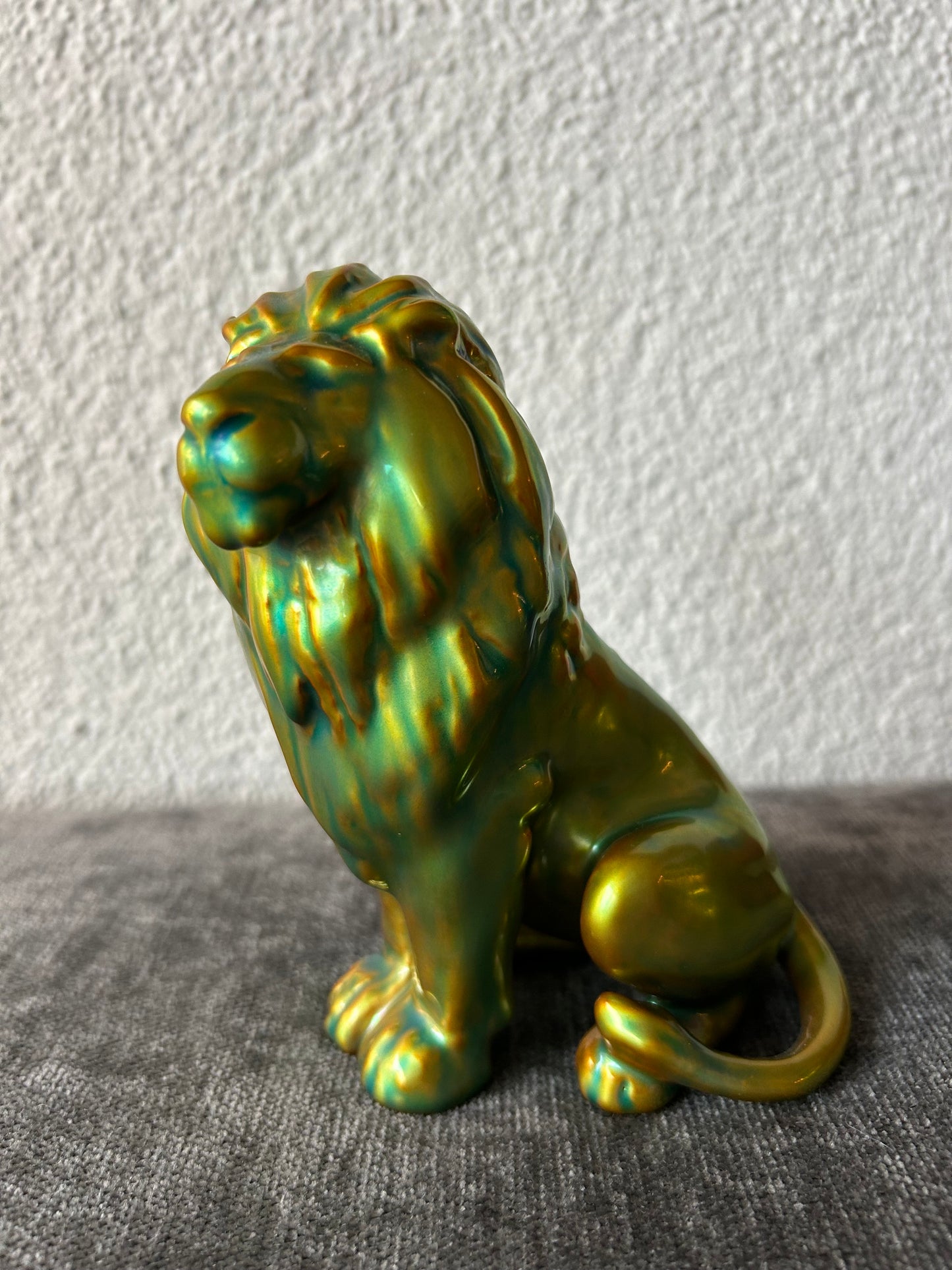 Zsolnay Eosin Lion Figurine – Iridescent Green-Gold Glaze, Hungary c.1890s [SOLD]