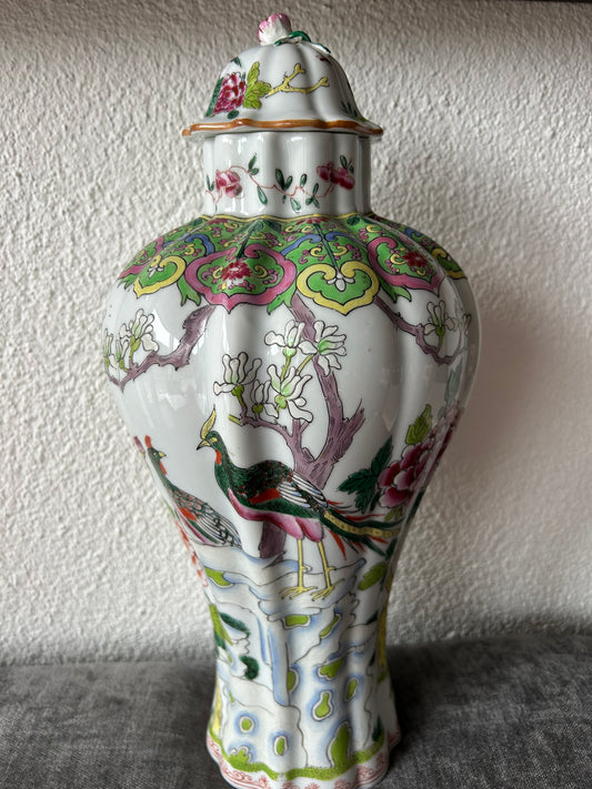Chinese Famille Rose Porcelain Lidded Vase – Peacock & Prunus Meiping Form