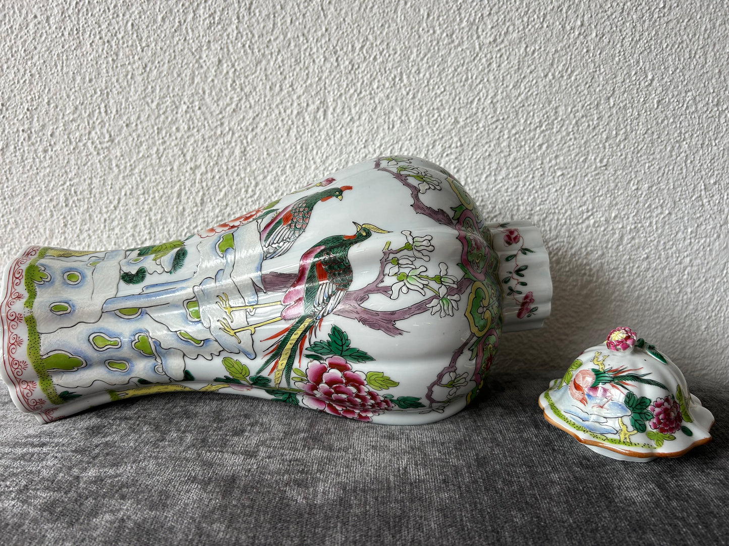Chinese Famille Rose Porcelain Lidded Vase – Peacock & Prunus Meiping Form