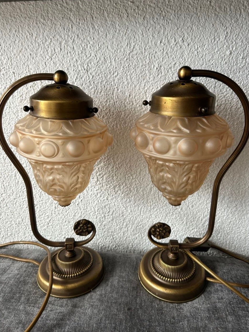 Pair of Neo-Art Nouveau Brass Table Lamps – Frosted Glass Shades, Berry & Acanthus Decoration