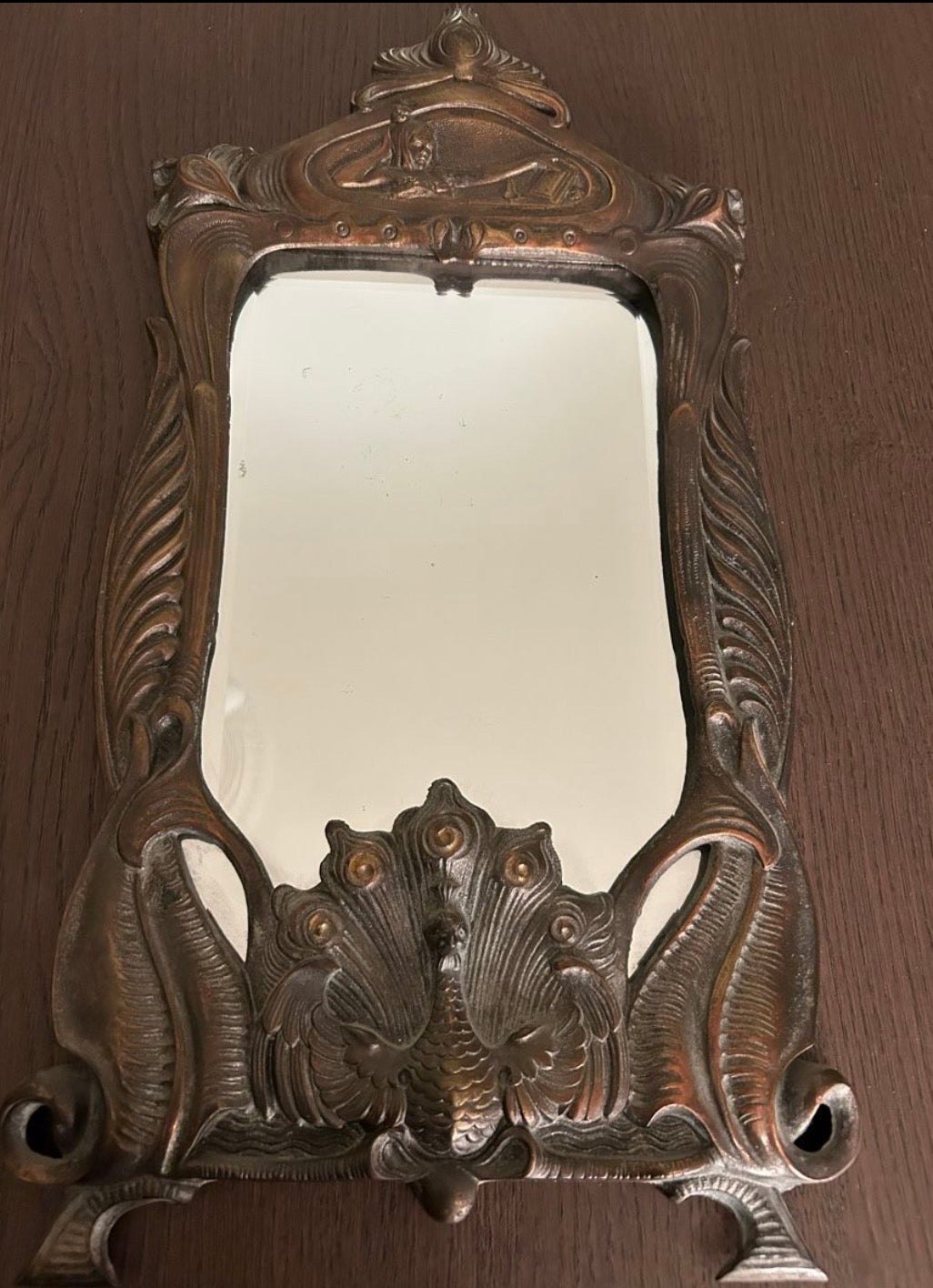 Art Nouveau Brass Wall Mirror with Hook – Repousse Peacock & Foliate Decoration, c.1900