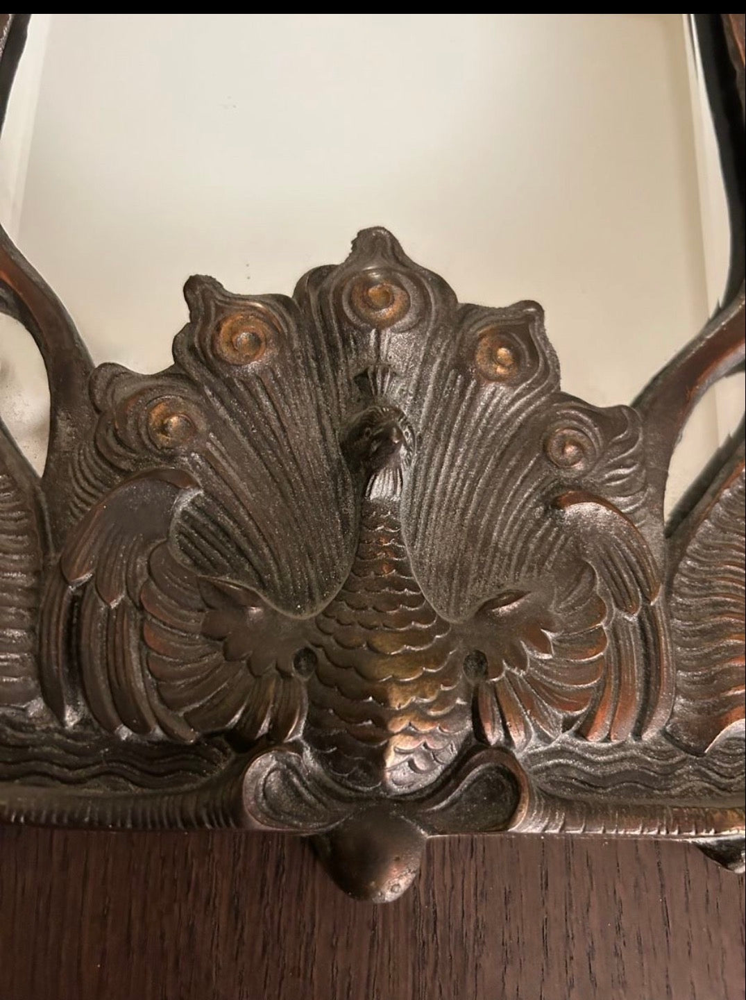 Art Nouveau Brass Wall Mirror with Hook – Repousse Peacock & Foliate Decoration, c.1900