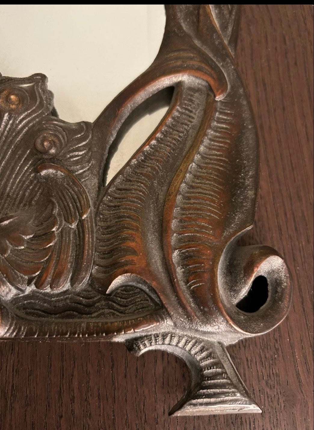Art Nouveau Brass Wall Mirror with Hook – Repousse Peacock & Foliate Decoration, c.1900