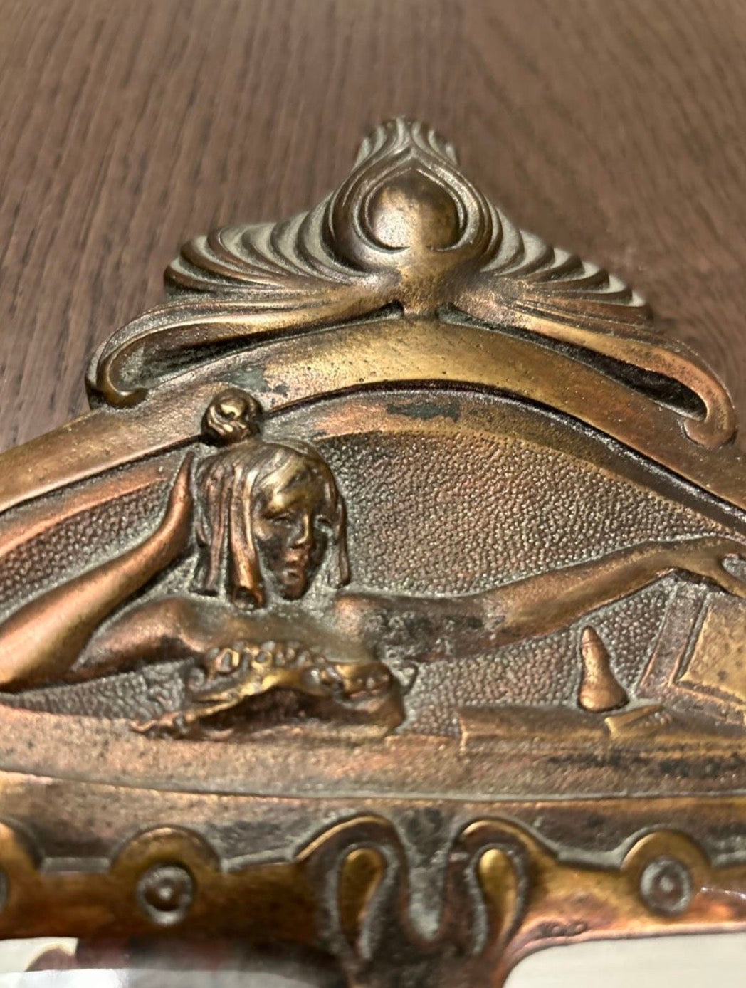 Art Nouveau Brass Wall Mirror with Hook – Repousse Peacock & Foliate Decoration, c.1900