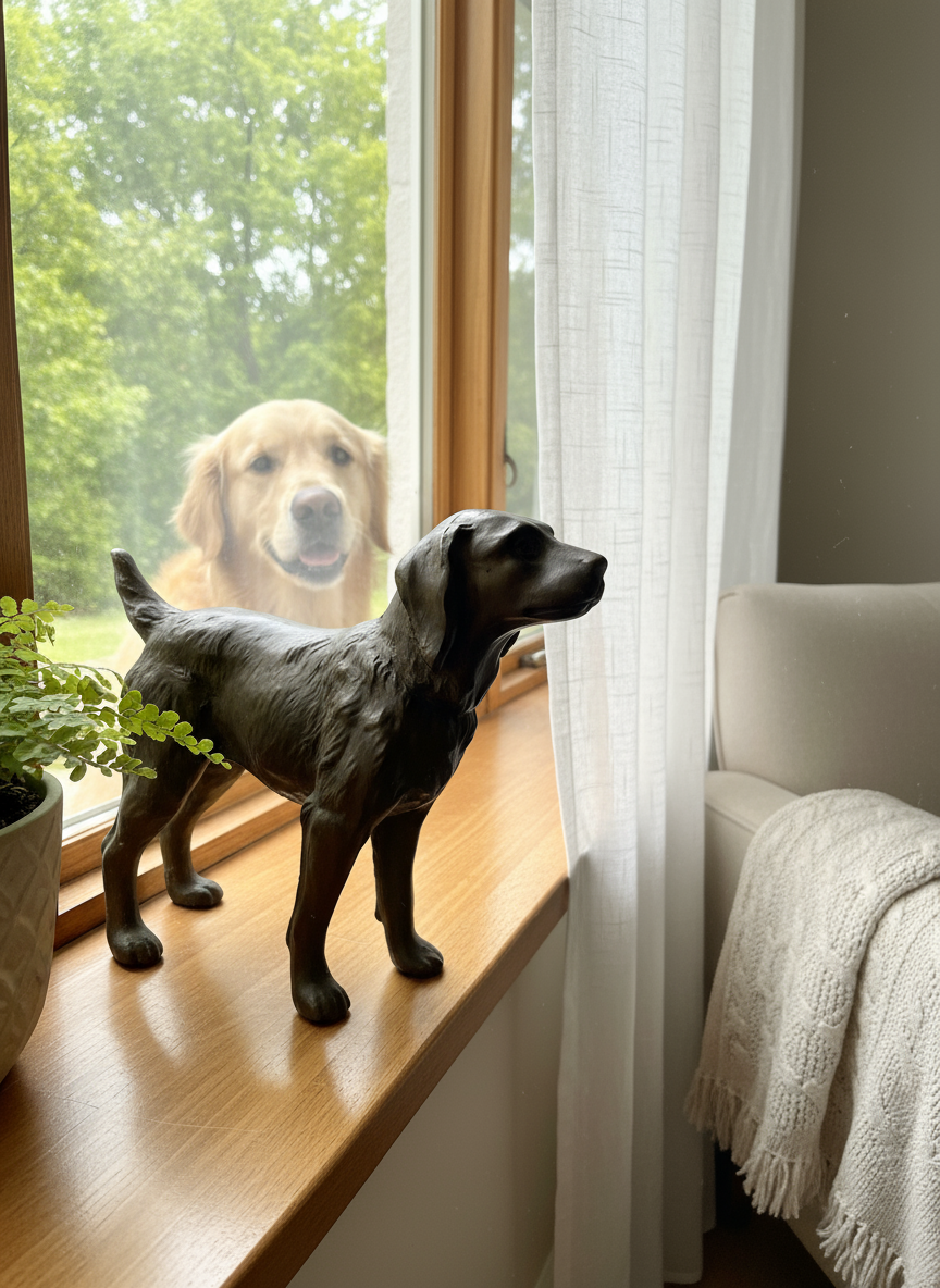 Bronze Dog Statue - Window with Real Dog Lifestyle