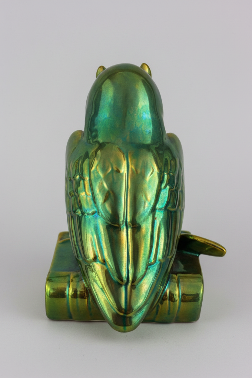 Zsolnay eosin owl — rear view, neutral grey background