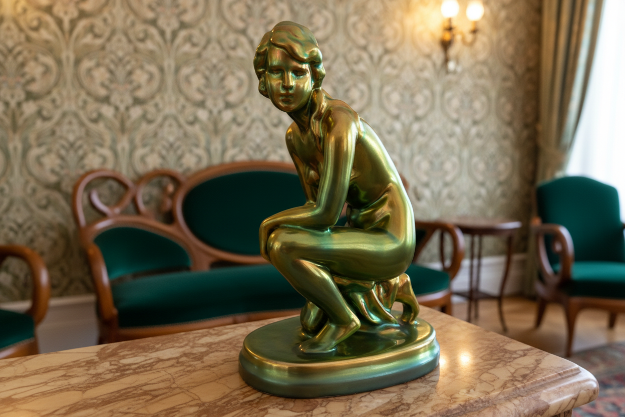 Zsolnay eosin seated female nude on marble mantelpiece, Art Nouveau interior lifestyle