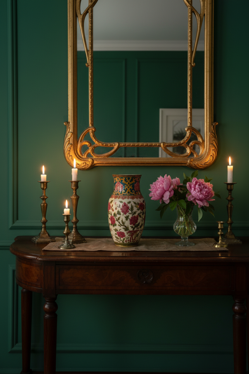 Zsolnay porcelain vase in Art Nouveau interior with green wall and gilt mirror