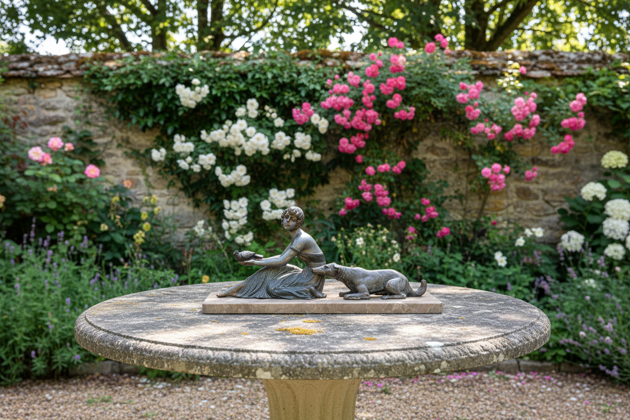 Bronze sculpture styled in French country garden