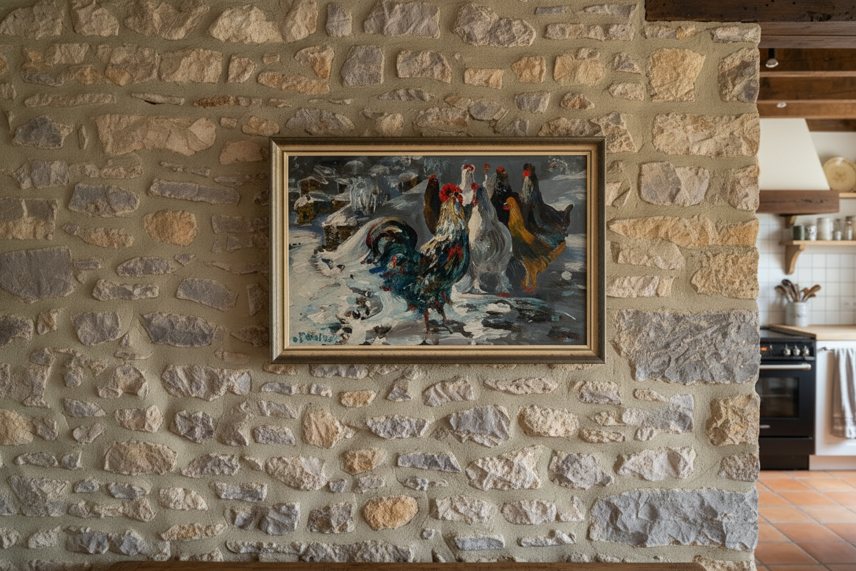 Painting hanging in French farmhouse interior