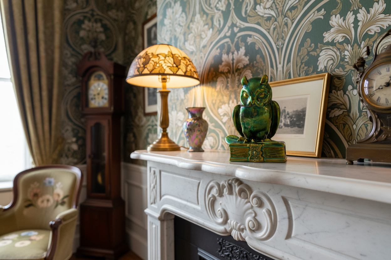Zsolnay eosin owl on marble mantelpiece in Art Nouveau country home interior