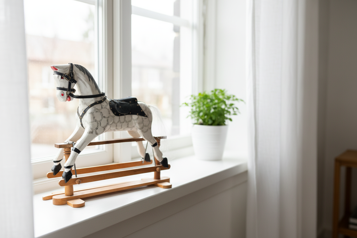 Vintage miniature wooden rocking horse on windowsill in Scandinavian living room